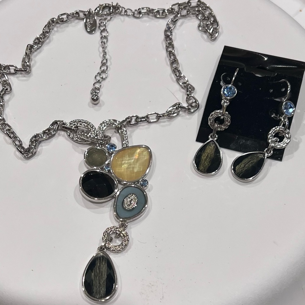 Multi-Colored Stone Silver Necklace and Earring Set